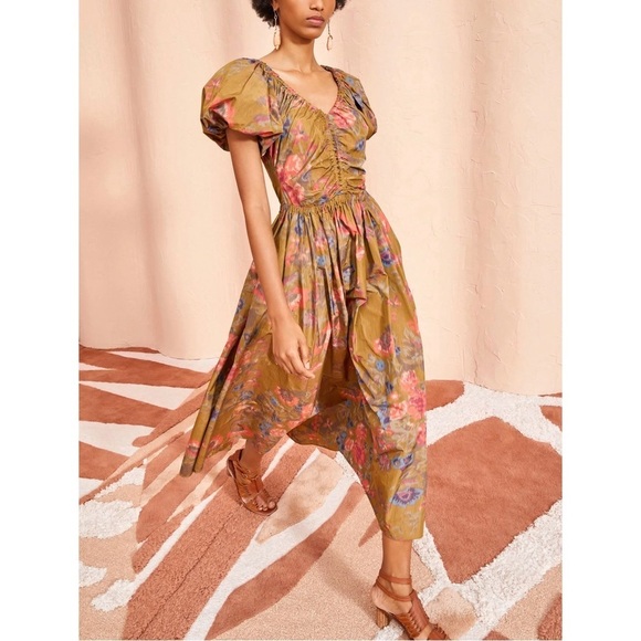 NWOT Ulla Johnson Midi Green Puff-Sleeve Floral Cecile Dress - Picture 4 of 6